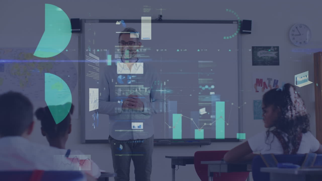 Animation of graphs and data over caucasian male teacher and class of diverse pupils