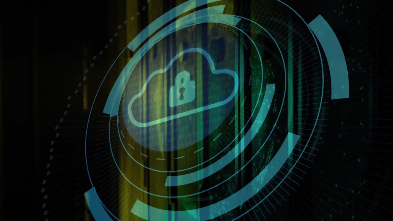 Animation of security padlock and cloud icon on round scanner against computer server room