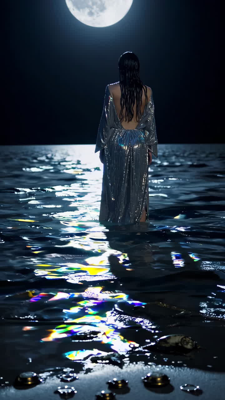 Donna in abito d'argento sulla spiaggia di notte