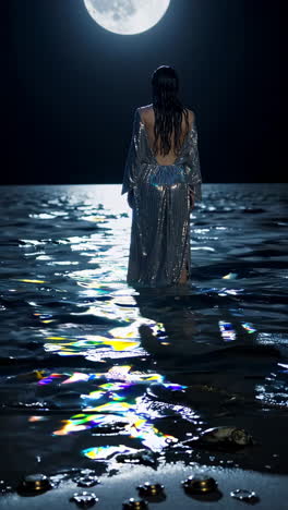 woman in silver gown at night beach