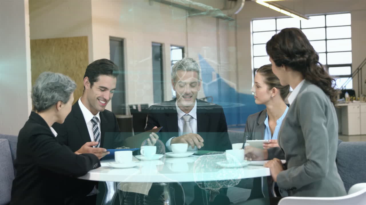 In office, business team discussing with animation of digital data overlay