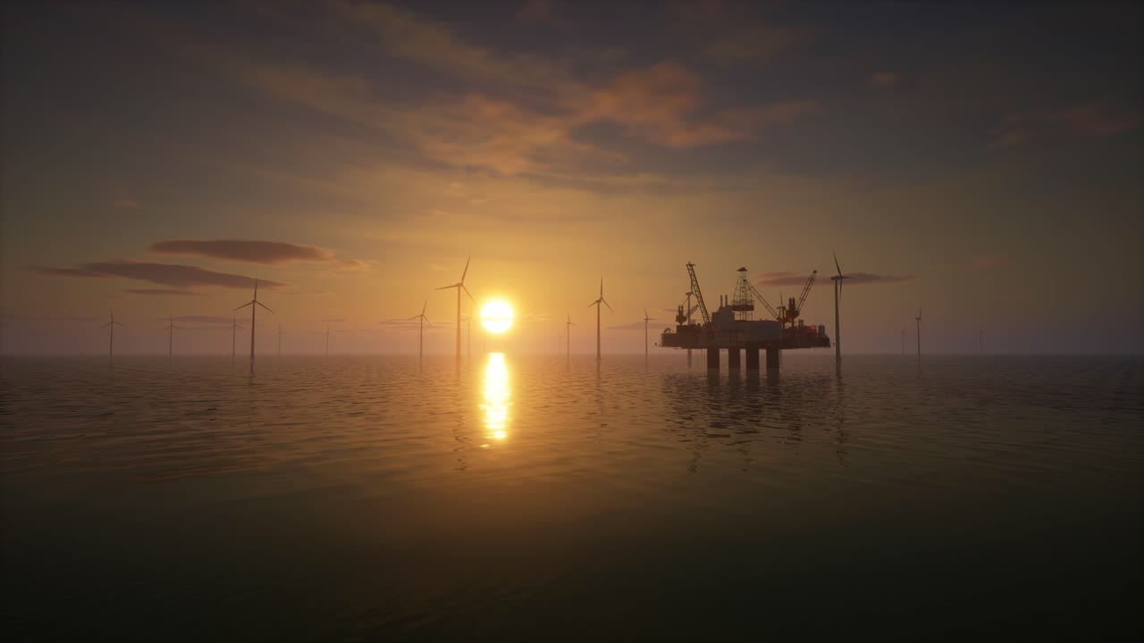 Offshore olieplatform og vindmøller ved solnedgang, energiovergang