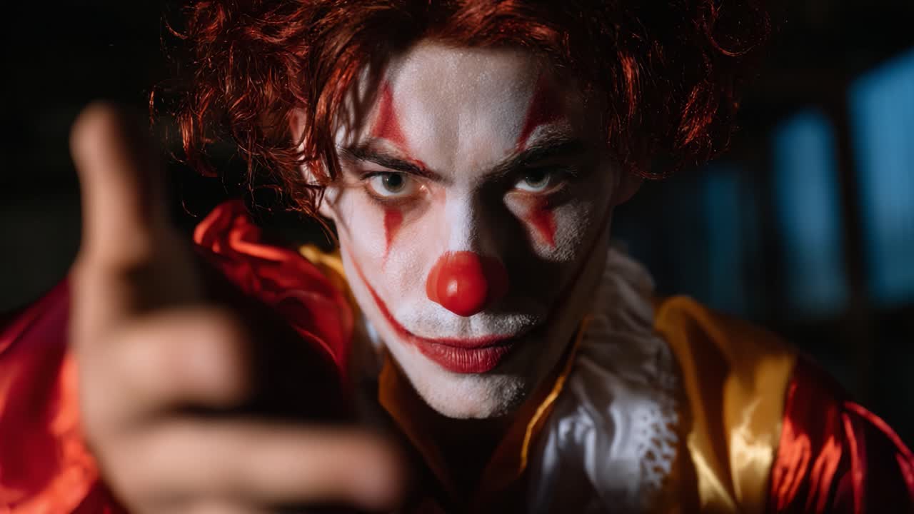 A Captivating Portrait of a Circus Clown with Vibrant Costume and Striking Makeup, Eliciting a Blend of Curiosity and Eeriness in Every Frame of the Video