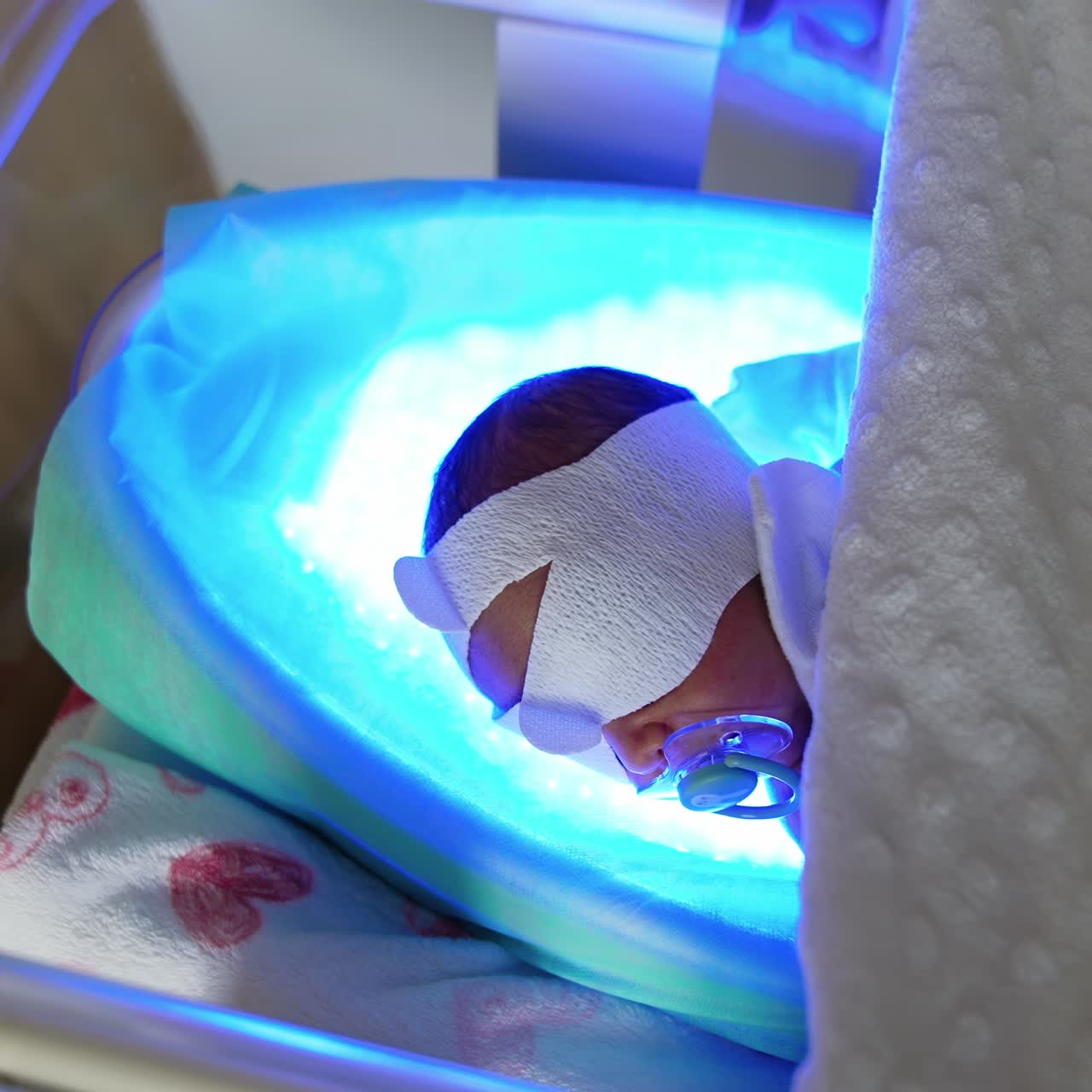 Baby suckling a pacifier actively lies in a hospital crib. Newborn child is treated from jaundice by phototherapy