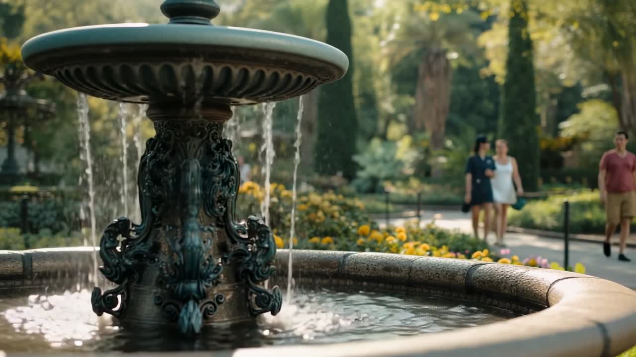 Panning camera revealing two-tier fountain and trough in public park while three friends strolling