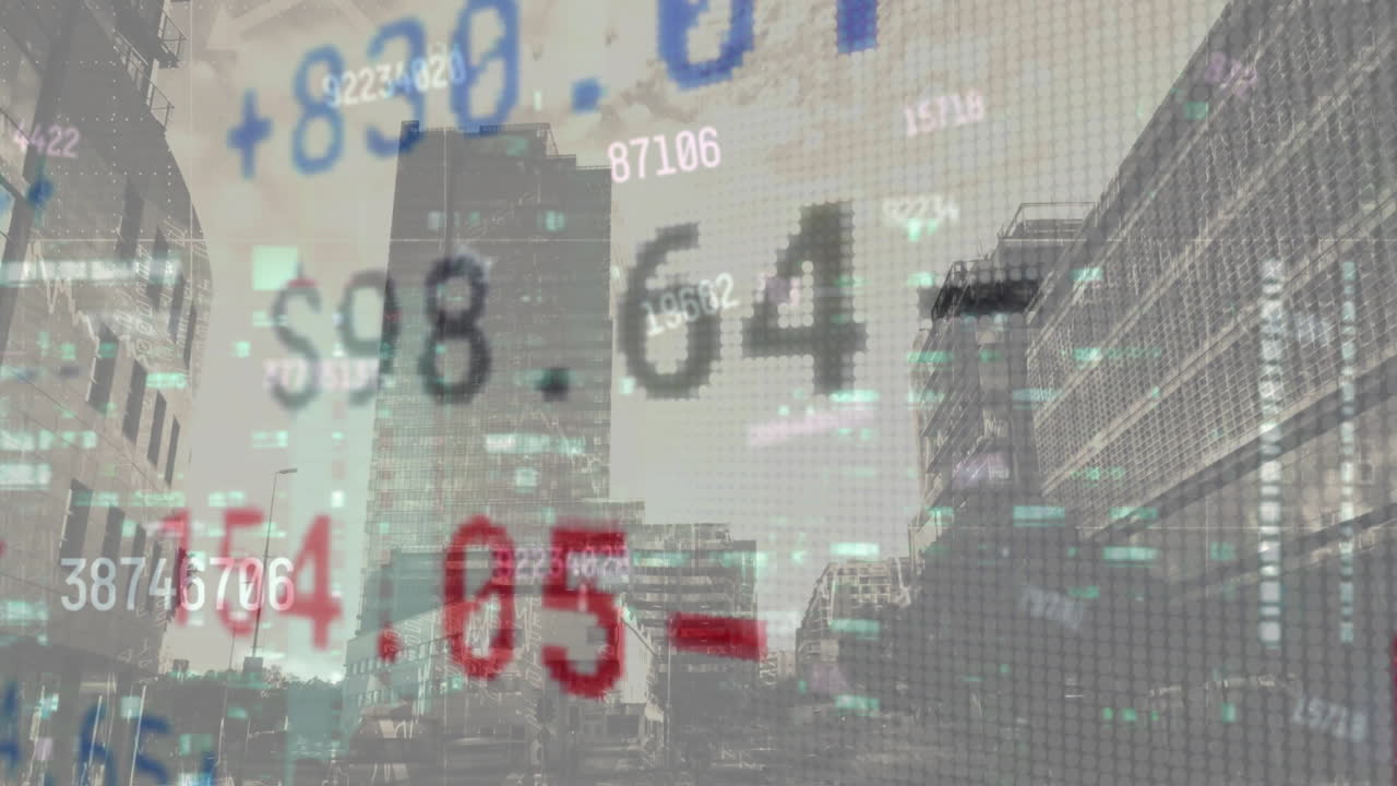 도시 풍경 위의 금융 데이터 처리 애니메이션