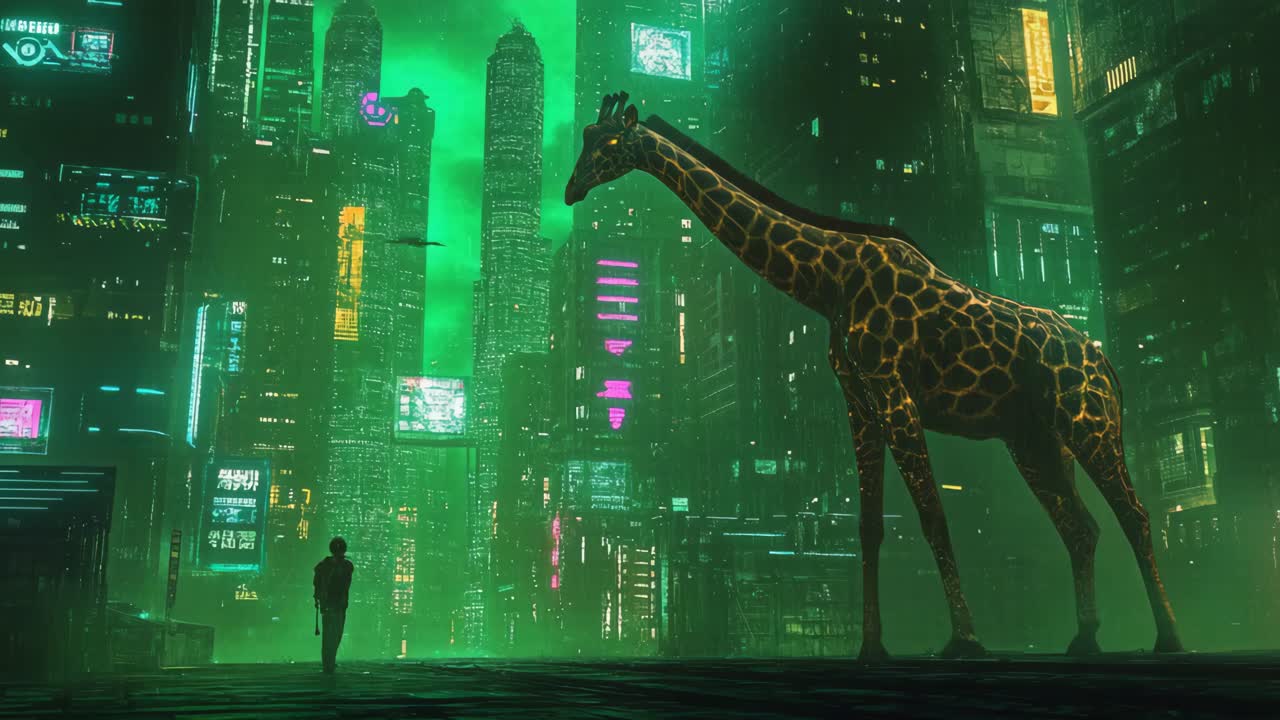 Jerapah di Kota Cyberpunk Neon