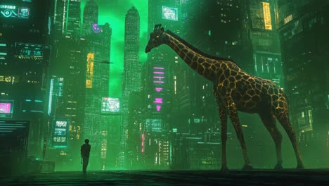 giraffe in a neon cyberpunk city