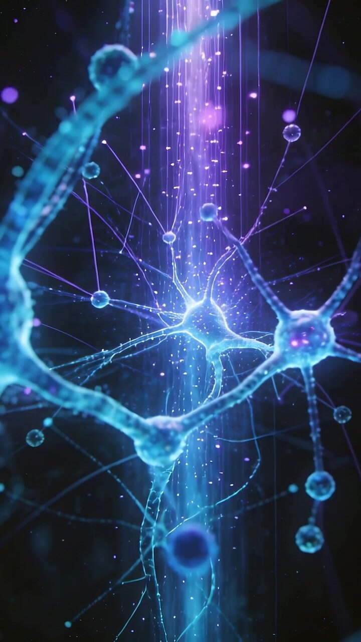 Vertical video: Glowing soma pulsing with rising sparks in dark field, with violet ray and nodes