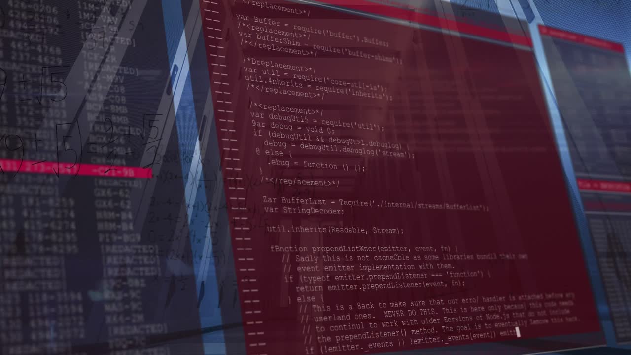 Animation of computer language, mathematical equation and diagrams, low angle view of server room