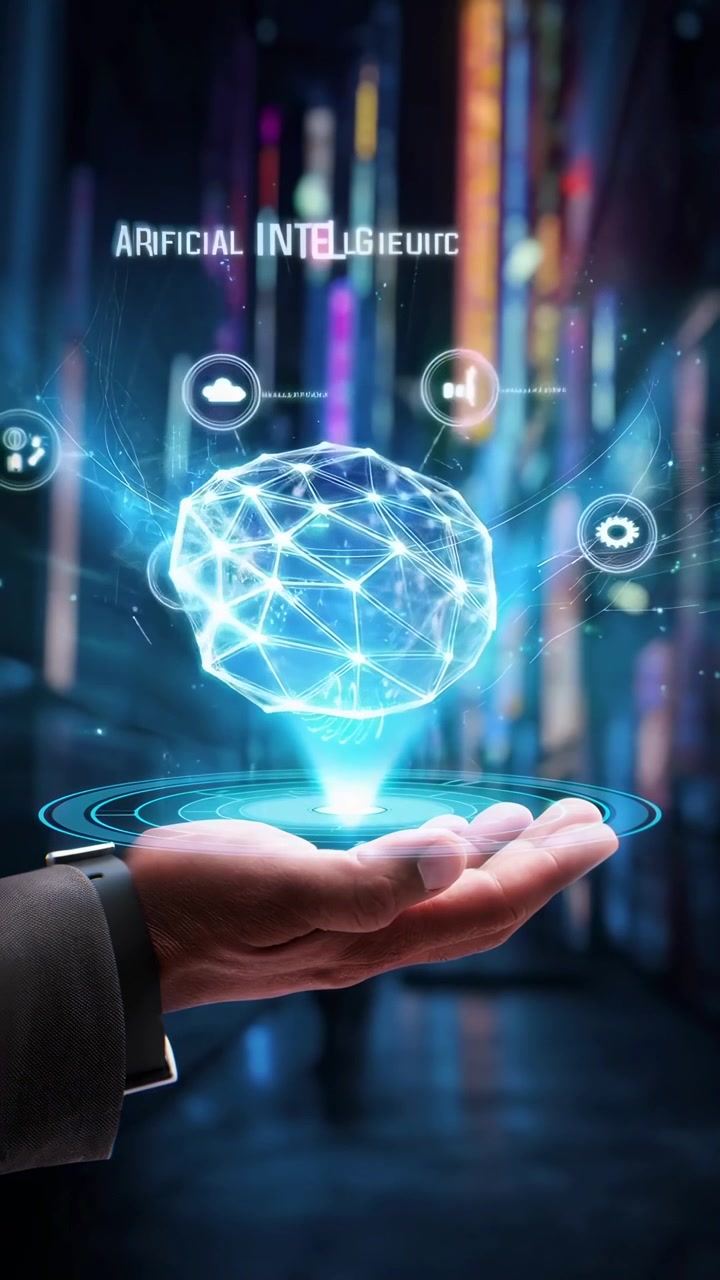 Hand Displaying Holographic Artificial Intelligence and Digital Transformation