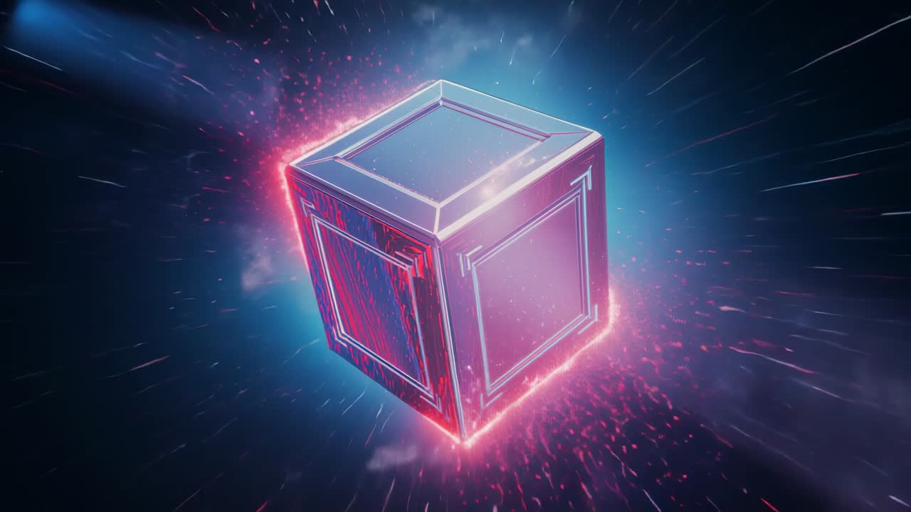 Appearing with sparks, rotating metal cube with neon trim pulsing in deep space revealing faces