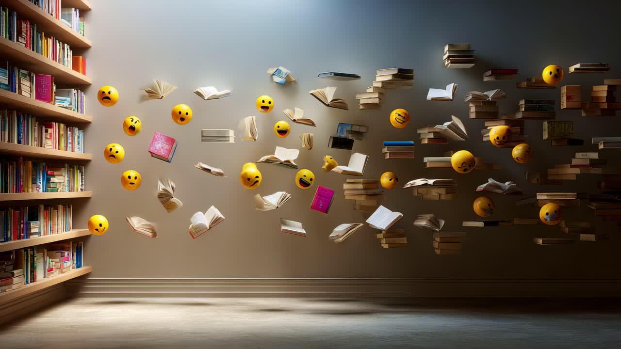A Whimsical Journey Through Literature: Floating Books and Playful Emojis Creating a Dynamic Interaction Between Knowledge and Emotion in a Cozy Library Setting