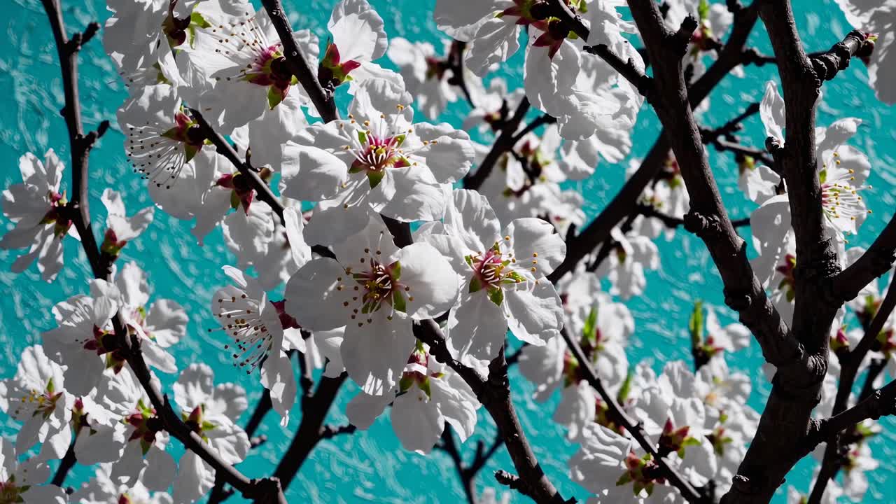 Video ravvicinato di fiori bianchi che sbocciano su uno sfondo blu-verde текстуizzato, ripreso da un'angolazione bassa
