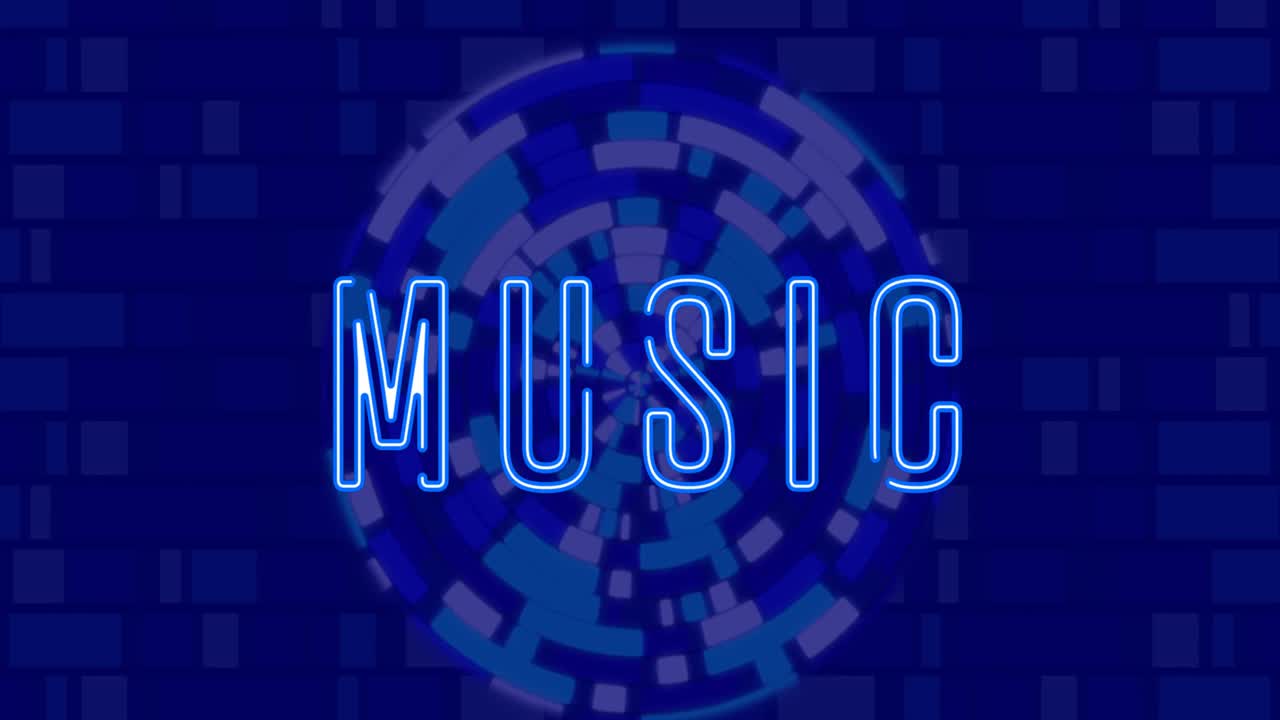 Animation von blauem Musik-Neontext über blauen sich drehenden Kreisen