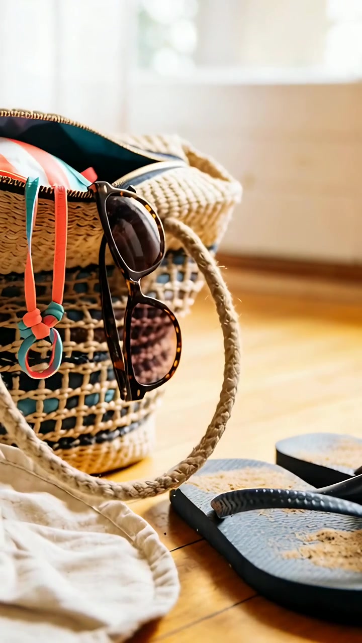 Vertical video: Reaching hand zipping straw tote at home, packing beach bag with sunglasses