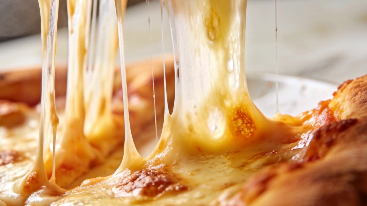 Prendendo una fetta di pizza al formaggio, mano che solleva fili di formaggio fuso dal piatto sul bancone per servire.