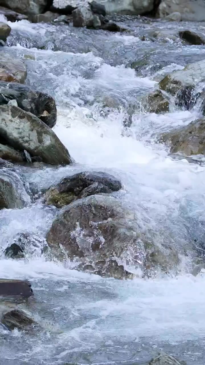 Un chiaro ruscello di montagna scorre impetuoso su grandi rocce in un ambiente esterno aspro, catturato con un movimento di telecamera stabile e luce naturale del giorno per un effetto nitido e dinamico