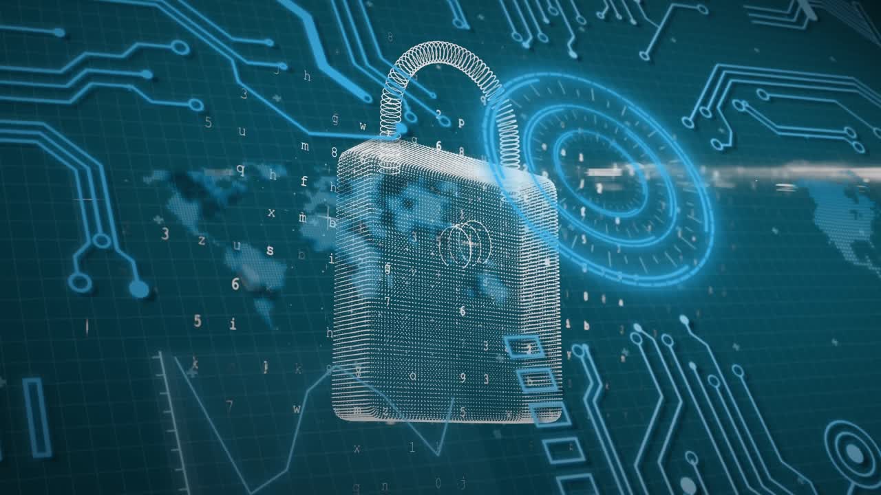 animación de escaneo de alcance, candado de seguridad en línea con advertencia de ataque cibernético