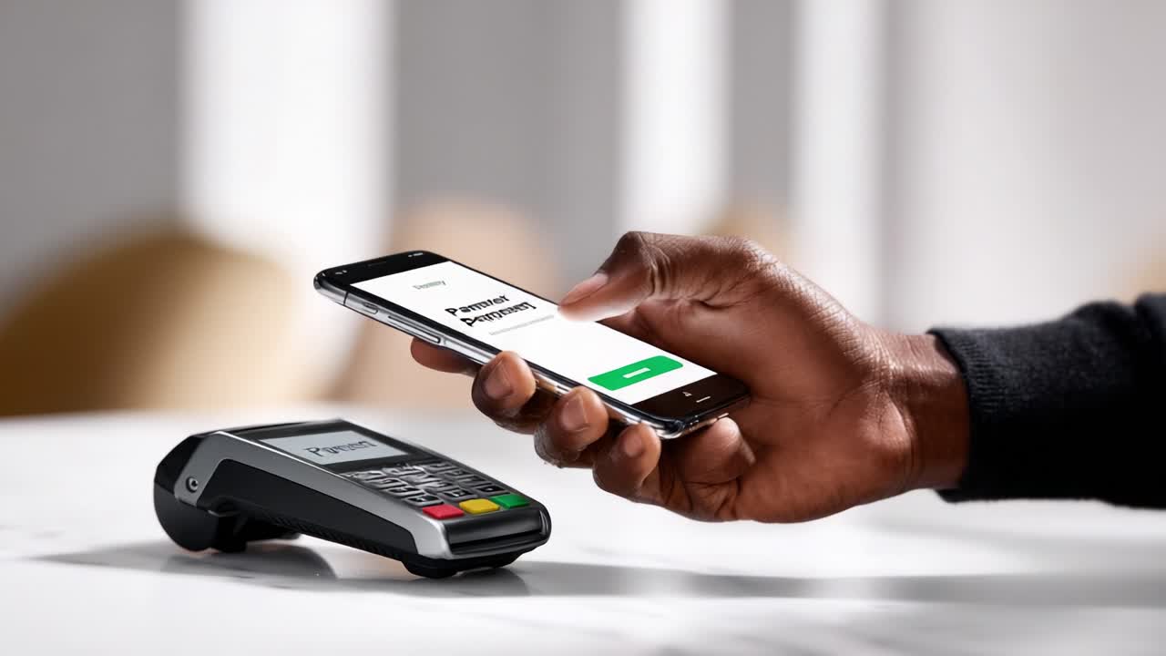 Mobile Payment Experience: Hand Holding Smartphone Above Contactless Terminal, Highlighting Seamless Financial Transactions and Modern Digital Wallet Technology