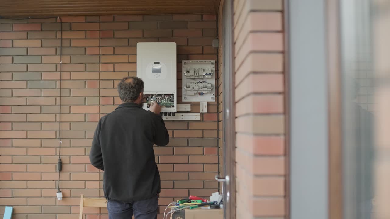 집에 인버터를 설치하는 전기 기술자. 이 이미지는 전기 작업에서 기술적 기술, 현대적인 도구 및 안전에 대한 주의를 보여줍니다.