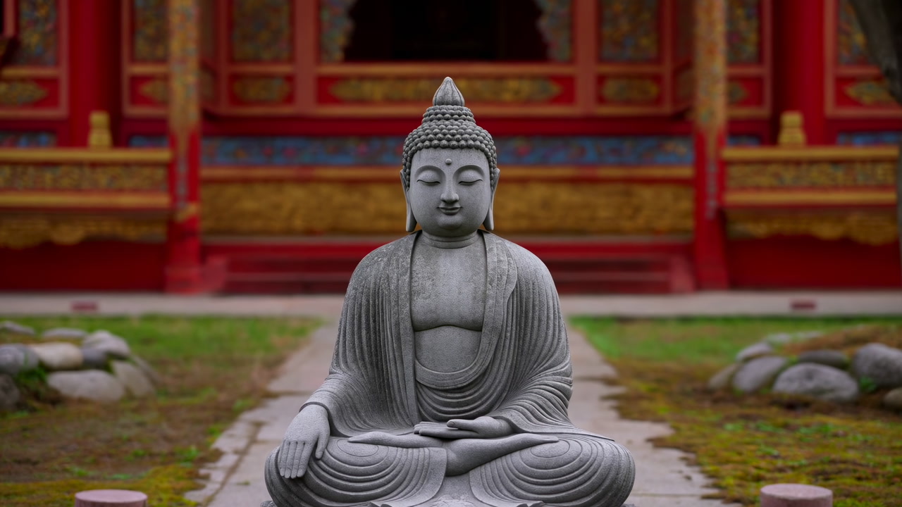 Stone Buddha Statue In Temple Courtyard, Red And Gold Ornate Shrine Backdrop, Mossy Stone Pathway Leading