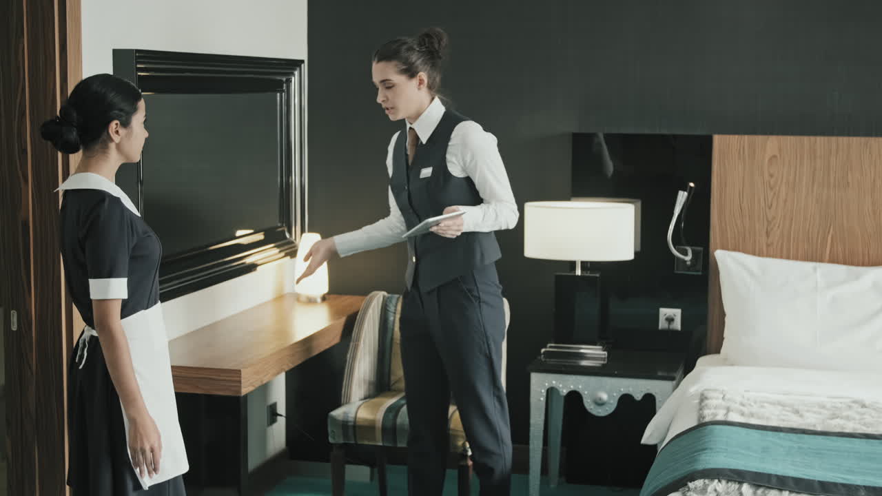 Hotel Manager Checking Housekeeper Work in Room