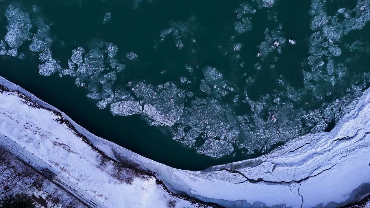 Floating Ice Swirling Over River Surface During Winter. Aerial Shot