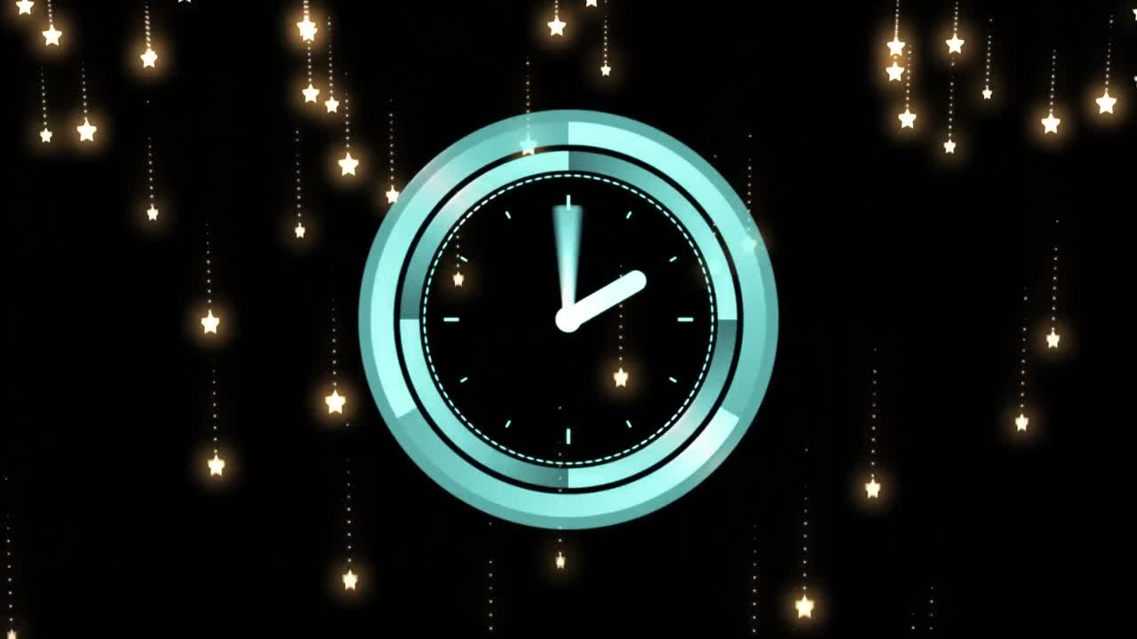 Animation of clock with moving hands over glowing stars on black background