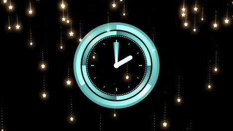 animación de un reloj con manecillas en movimiento sobre estrellas brillantes sobre fondo negro