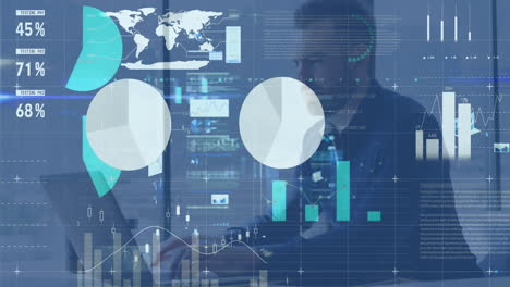 animation of data processing over caucasian businessman using laptop