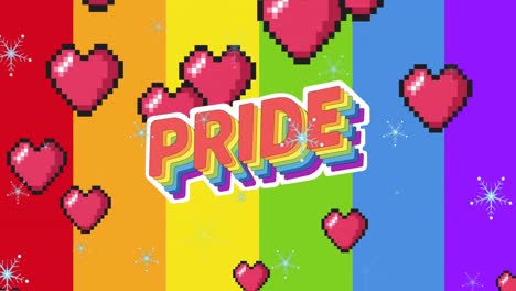 animación de texto de orgullo sobre corazones y fondo arco iris.