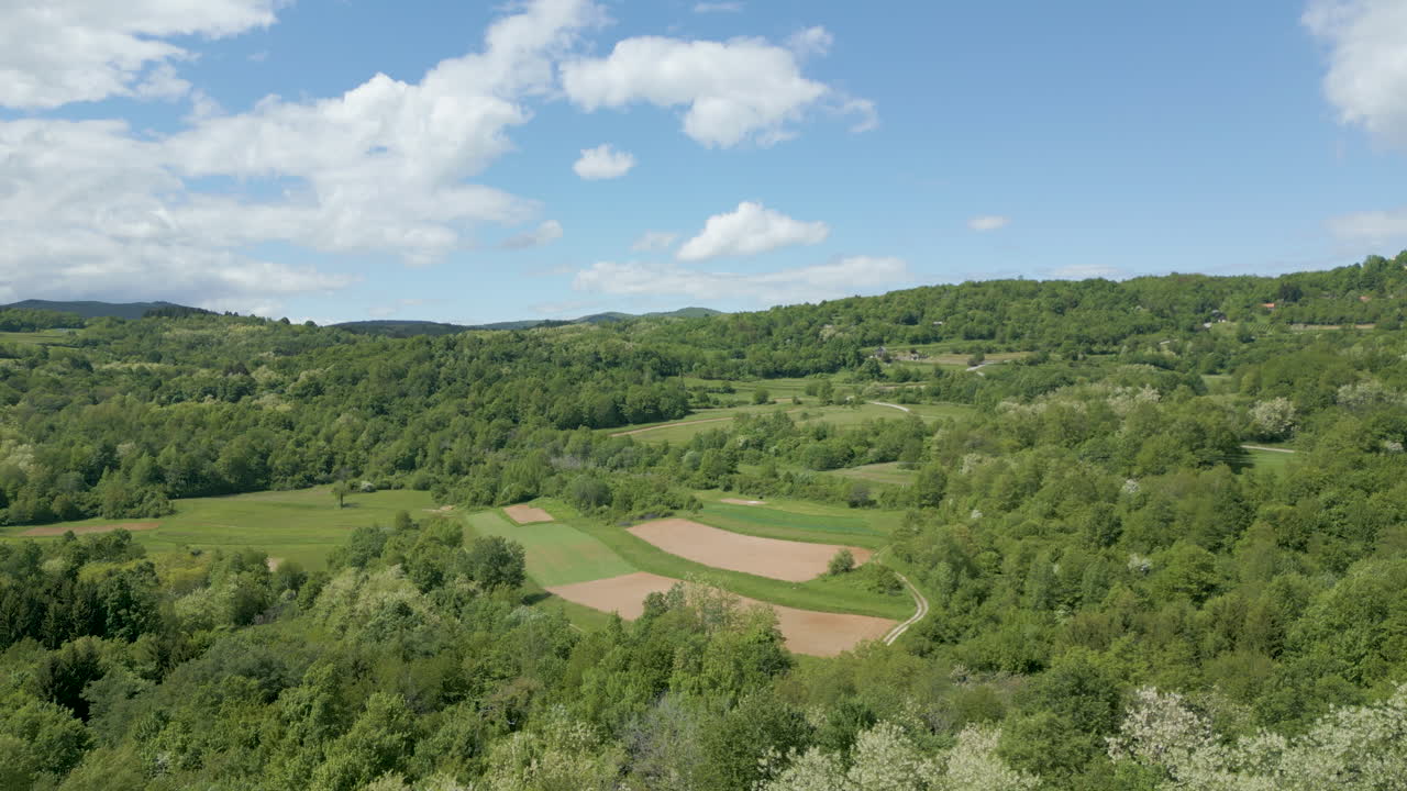 Cultivated fields and lush green valley in springtime