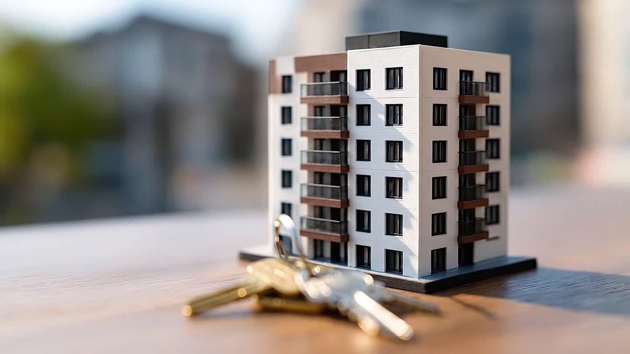 modellino di condominio con chiavi di casa sul tavolo