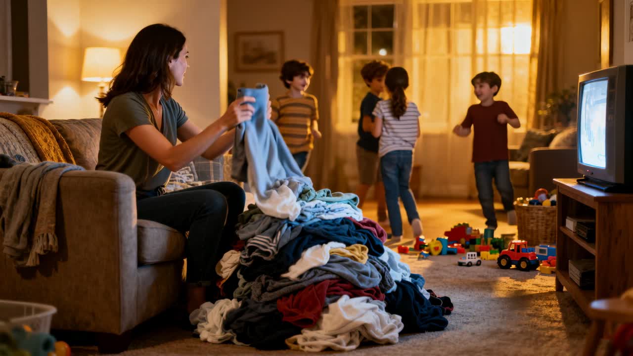 Noticing children dancing, mom in green top folding laundry, watching children at home, copy space
