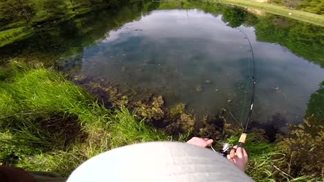 fisherman catching fish in lake with fishing rod