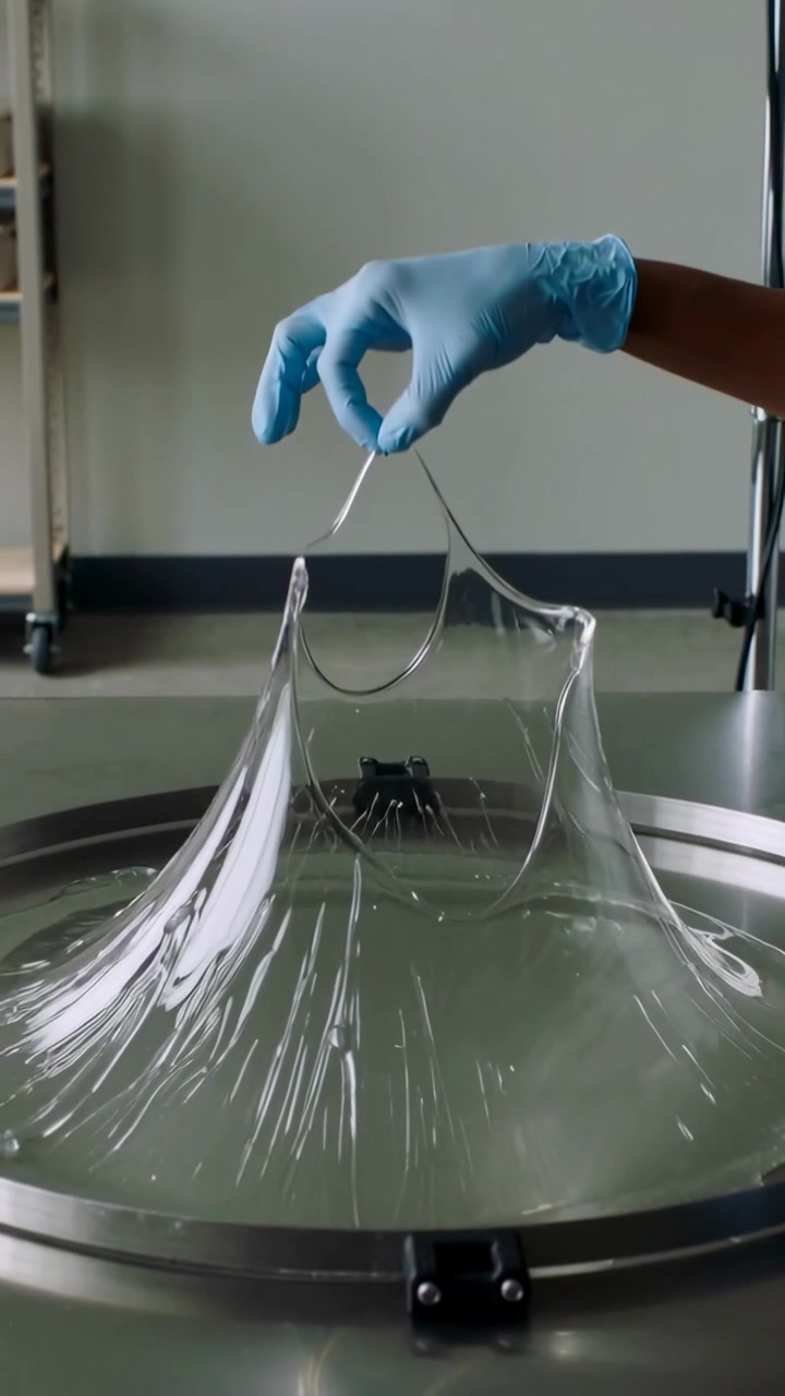 Vertical video: Entering from right nitrile-gloved hand lifting film on lab tray, testing stretch