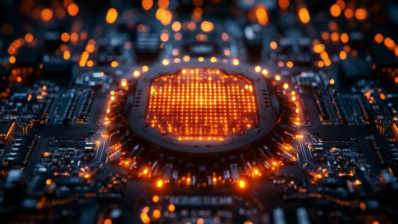 Detailed view of a glowing circuit board