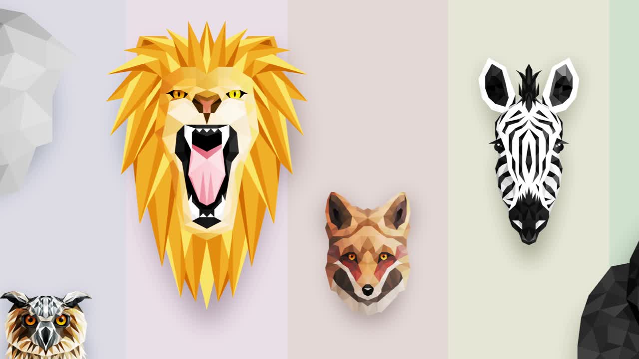 다양한 동물의 컬렉션. 동물원 기호. 낮은 다각형 아이콘. 사자, 고릴라, 제브라, 라쿠인, 여우, 코끼리, 사, 고도치, 부이. 기하학 루프 애니메이션 세트.