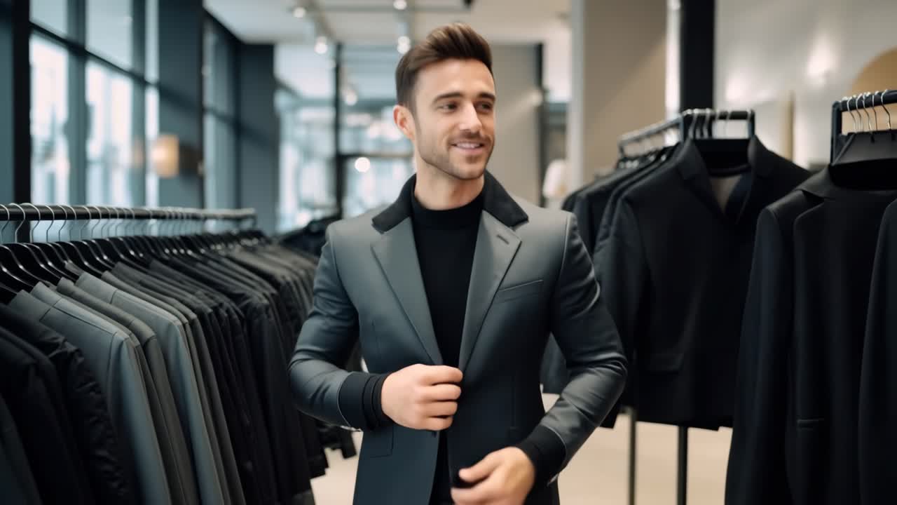 Un uomo elegante in abito sorride con fiducia in un moderno negozio di abbigliamento.