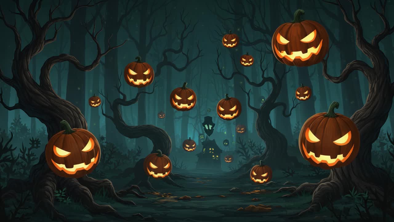 A Spooky Forest Scene Filled with Grinning Jack-o'-Lanterns and Shadows, Perfect for Halloween Celebrations and Eerie Atmospheres at Night