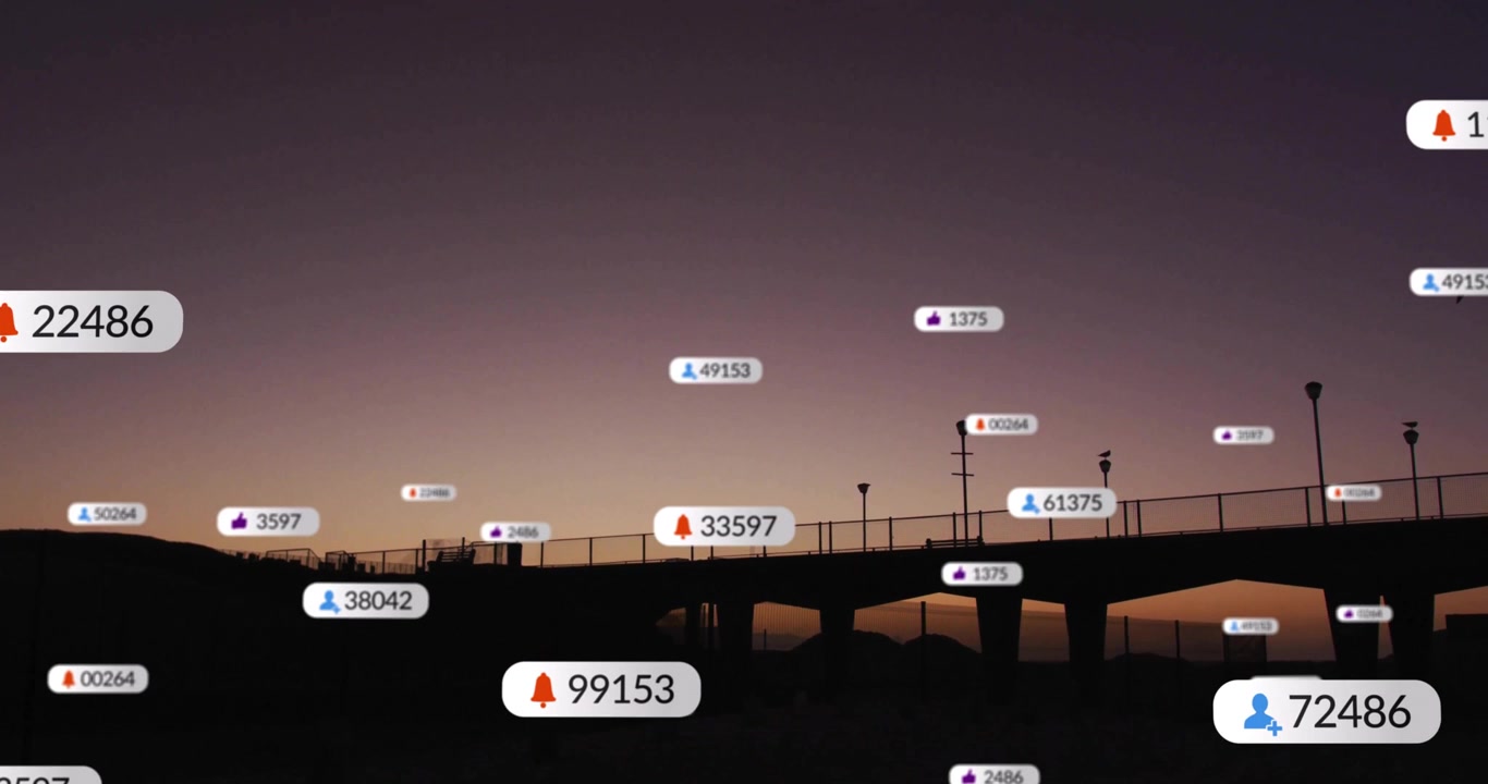 Notification badges appearing above pier silhouette at dusk drifting upward showing engagement