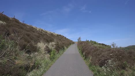 Two-people-walking-slowly-up-a-country-road,-path