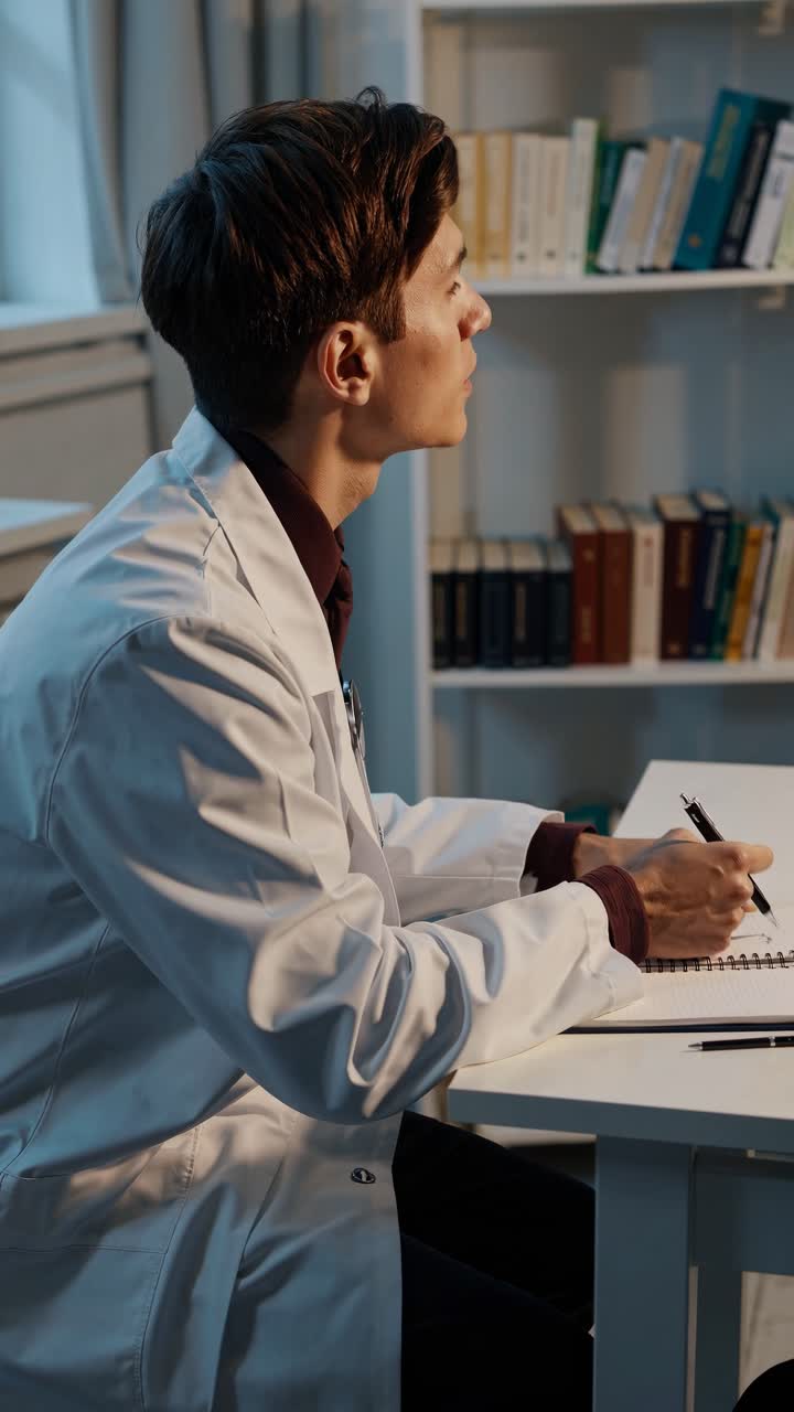 A video frame shows a doctor in a white coat from a side angle, seated at a desk, gesturing while