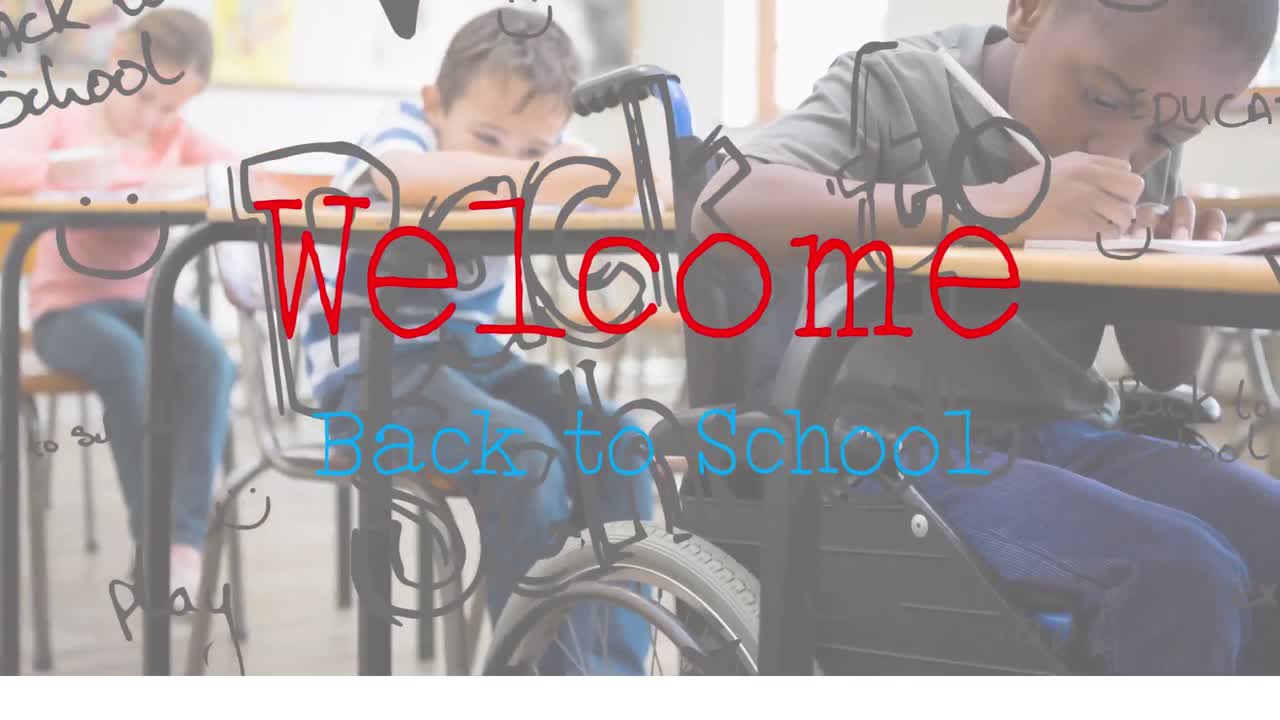 animación del texto de bienvenida a la escuela sobre los escolares en el aula