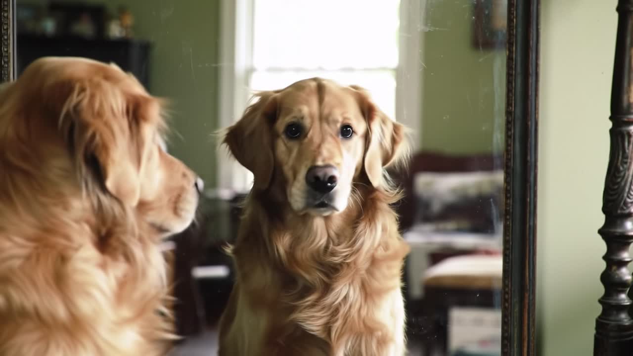 A golden retriever stands in front of a mirror, curiously looking at its reflection. The warm afternoon light floods into the cozy living room, creating a serene atmosphere.