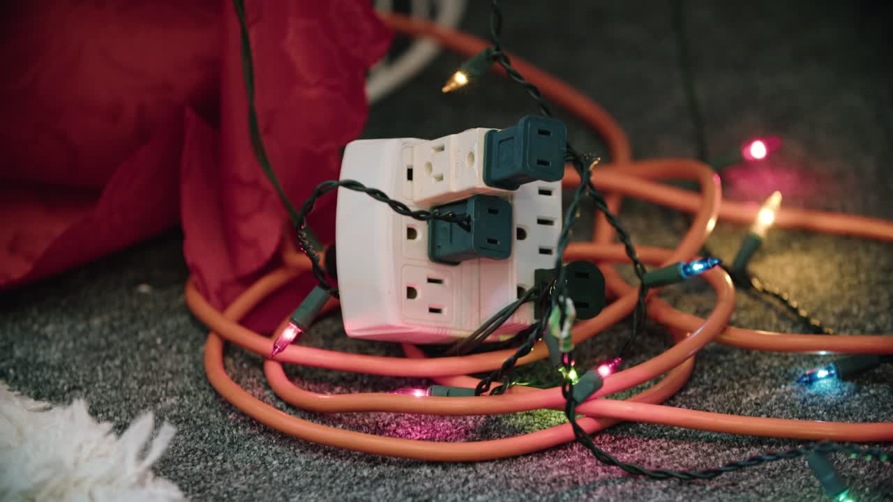 A tangled cluster of extension cords potentially overloading a circuit. Christmas Lights tangled around.