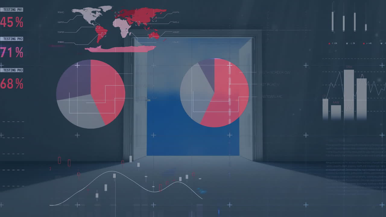 animación del procesamiento de datos financieros y estadísticas a través de puertas y nubes