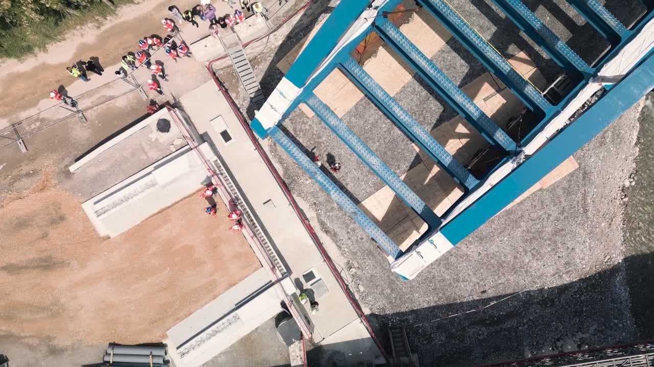 Bridge assembly and rigging at a construction site in Tende, South of France, aerial view