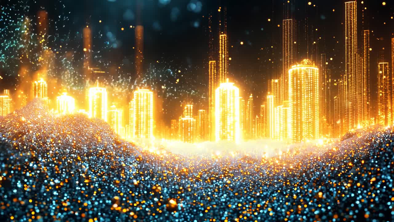 A cityscape with tall buildings and a lot of gold. The city is lit up with bright lights and the sky is dark. Scene is mysterious and captivating